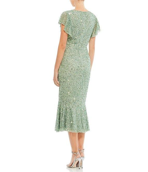 Mac Duggal Sequin V-Neck Flutter Short Sleeve Sheath Mermaid Midi Dress Product Image