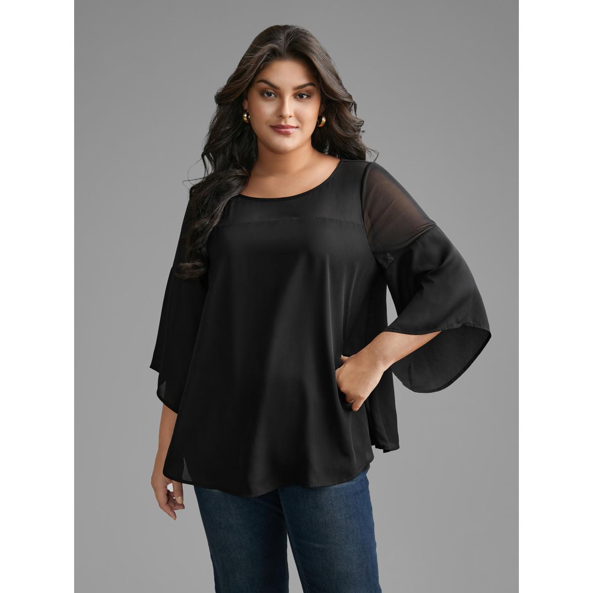 Plus Size Black Crew Neck Mesh Patchwork Bell Sleeve Blouse Women Elegant Elbow-length sleeve Round Neck Everyday Blouses BloomChic 14-16/1X Product Image