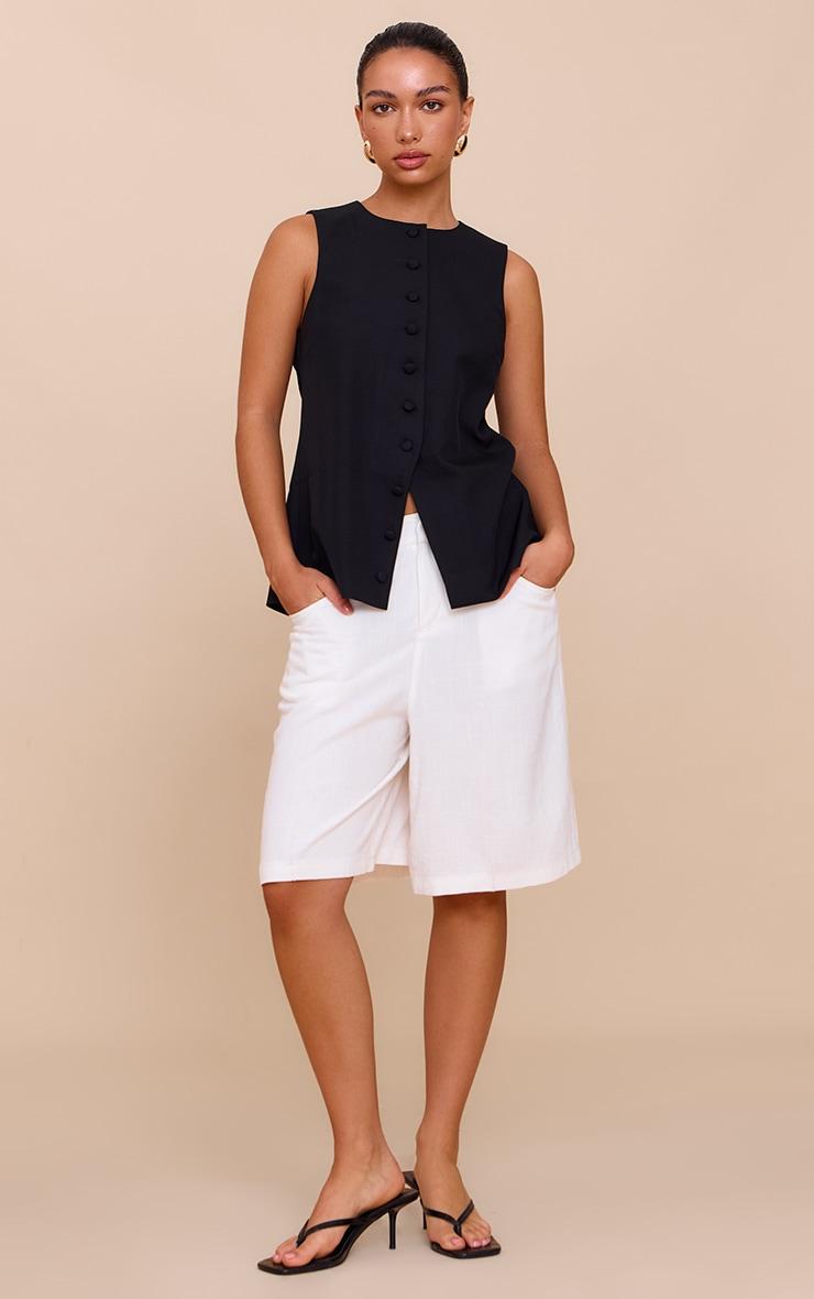 Black Woven Button Down Longline Vest Product Image