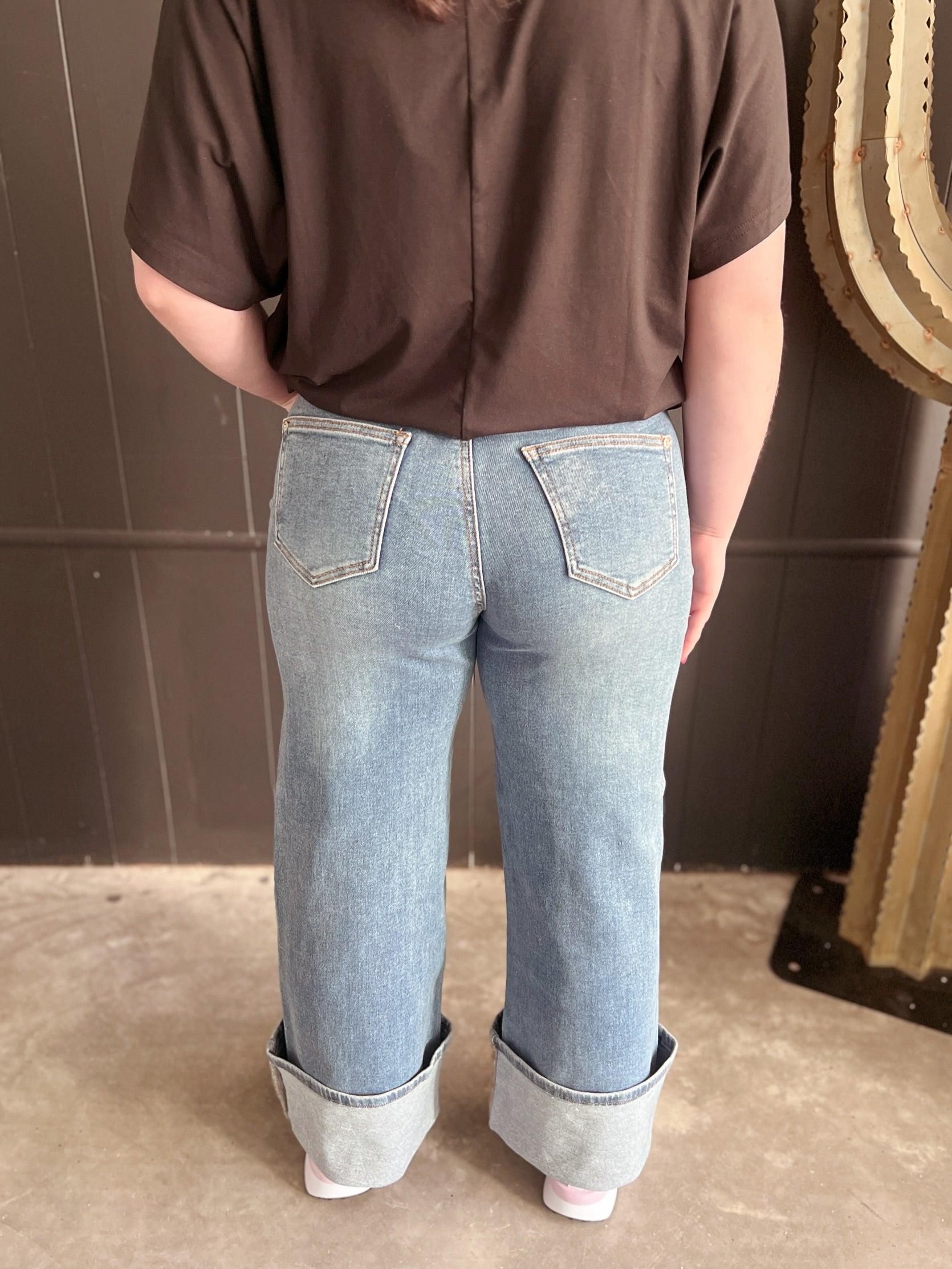 Dual Wear Wide Leg Cuffed Denim Jeans Product Image