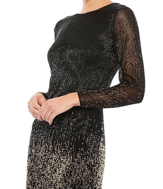Mac Duggal Ombre Beaded Crew Neck Long Sleeve Sheath Gown Product Image