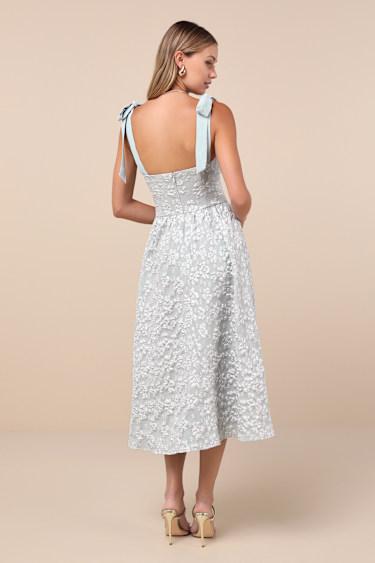 Bubbly Bliss Sage Green Jacquard Bustier Tie-Strap Midi Dress Product Image