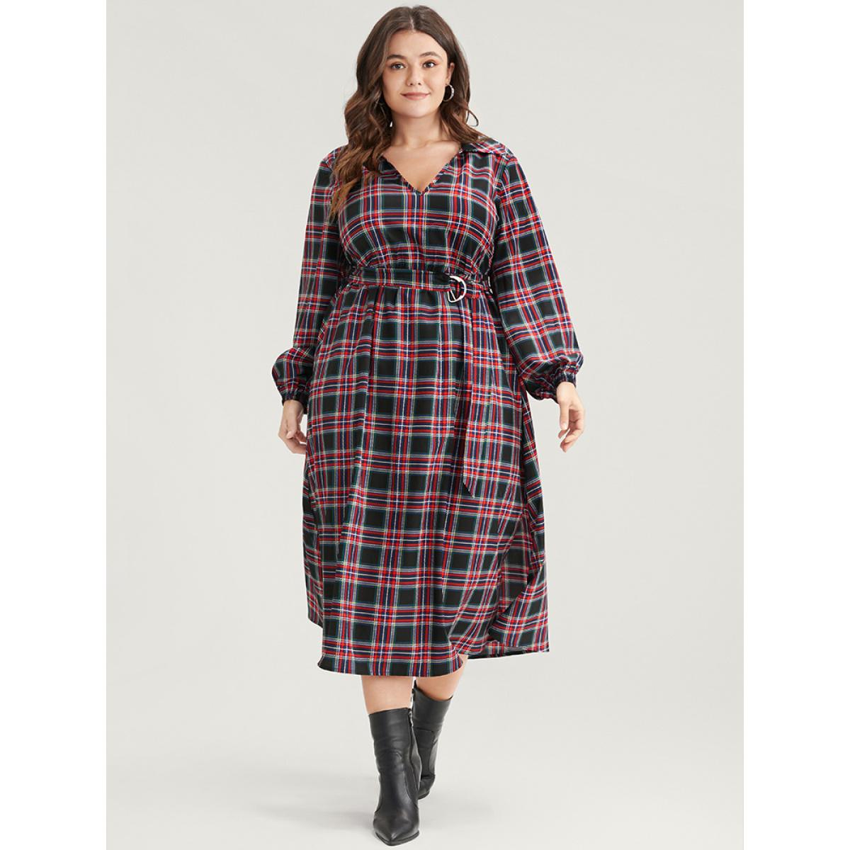 Plus Size Tartan Lantern Sleeve Pocket Belted Midi Dress Russet Women Elegant Elastic Waist Lapel Collar Long Sleeve Curvy Midi Dress BloomChic 14-16/1X Product Image