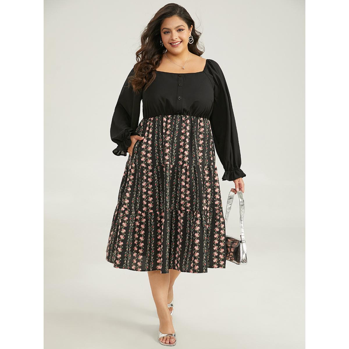 Plus Size Floral Ruffle Layered Hem Square Neck Dress Black Women Office Elastic cuffs Square Neck Long Sleeve Curvy Midi Dress BloomChic 30/6X Product Image
