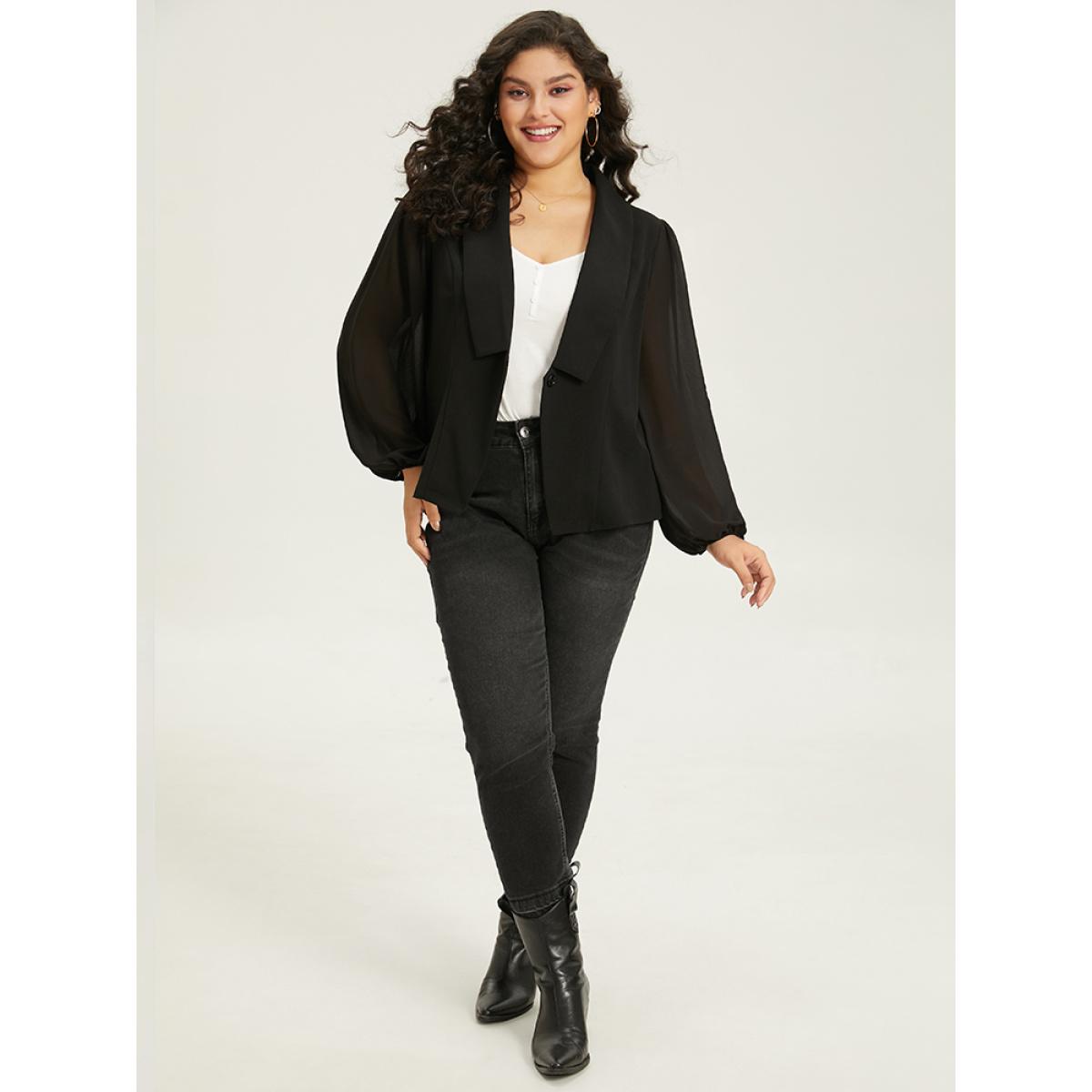 Plus Size Solid Suit Collar Gathered Blazer Black Women Dailywear Plain Elastic cuffs Sleeve Long Sleeve Suit Collar 22-24/3X Casual Blazers BloomChic Product Image