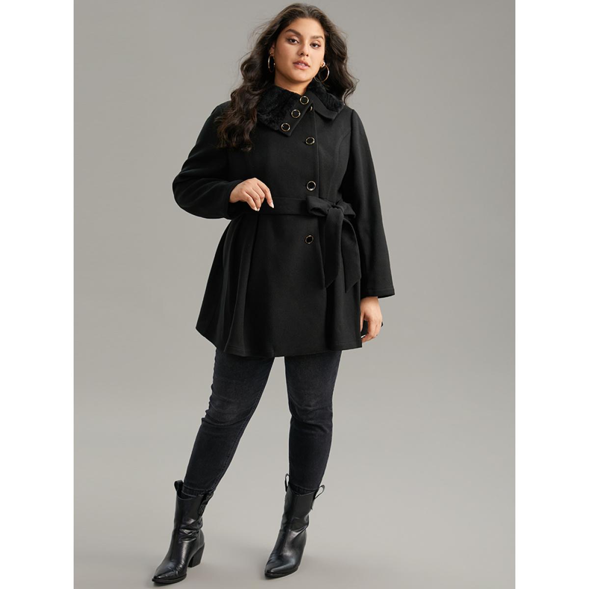 Plus Size Fuzzy Patchwork Knot Belted Button Up Pocket Coat Women Black Casual Plain Ladies Dailywear Winter Coats BloomChic 14-16/1X Product Image