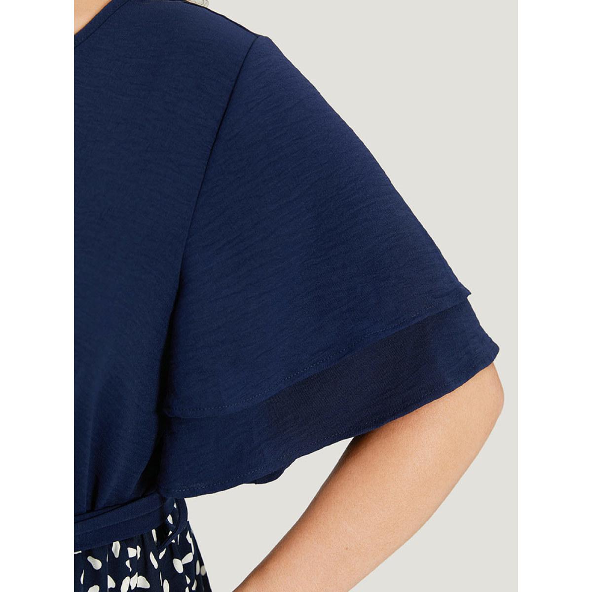 Plus Size Water Drop Print Patchwork Ruffle Zipper Belted Dress Navy Women Office Plain V-neck Short sleeve Curvy Midi Dress BloomChic 22-24/3X Product Image