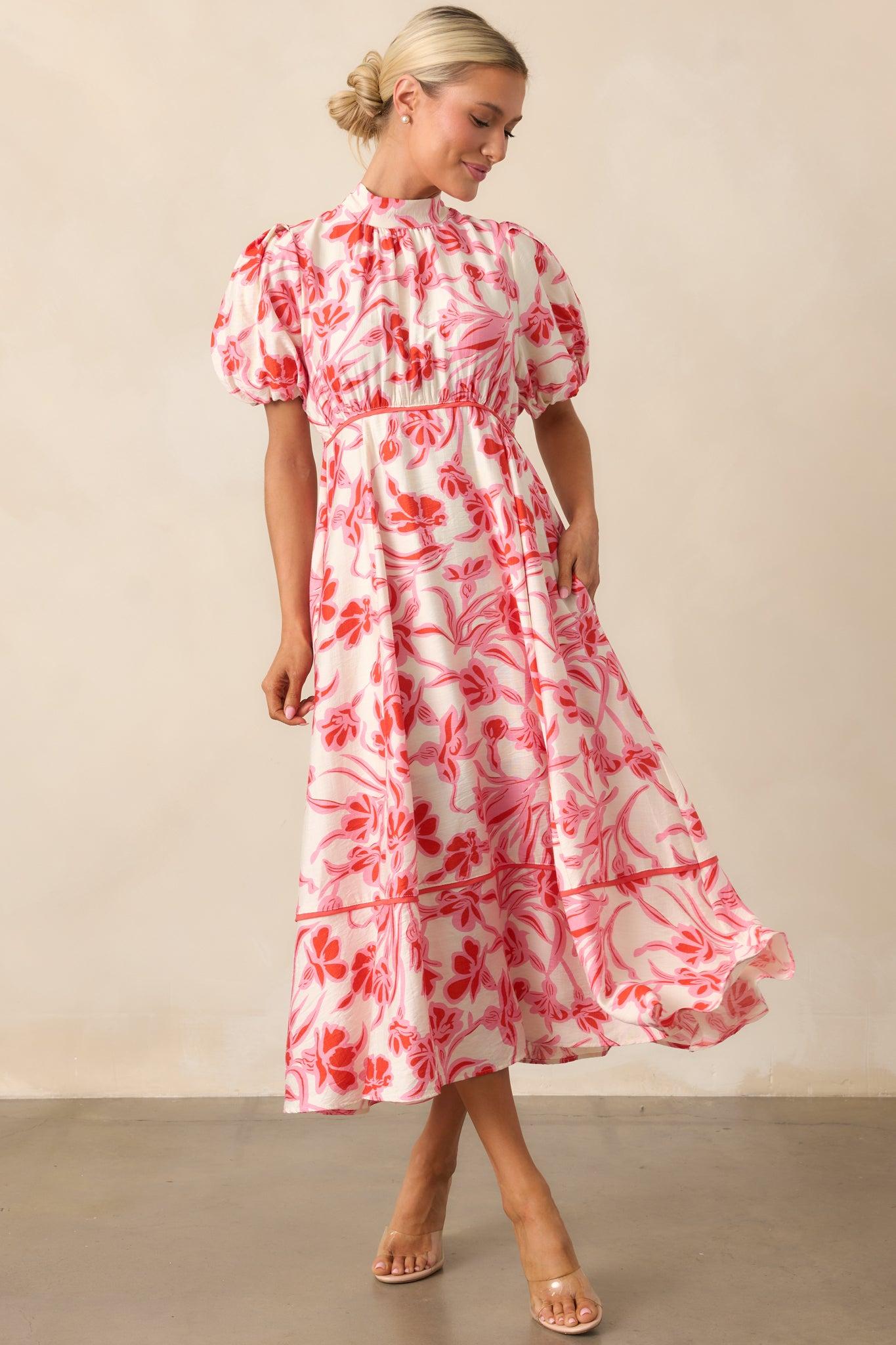Blooming Season Pink Floral Puff Sleeve Midi Dress Product Image