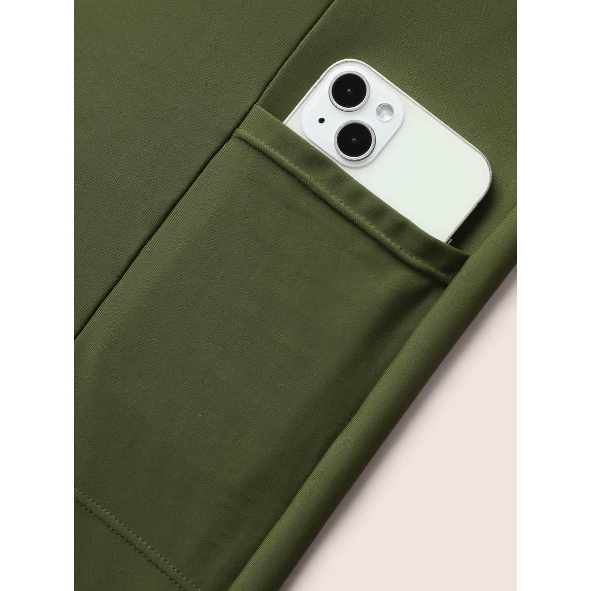 Plus Size Solid Patchwork Mesh Pocket Hanky Hem Swim Dress Women's Swimwear ArmyGreen Beach Bodycon Overlap Collar High stretch Curve Swim Dresses BloomChic 10/M Product Image