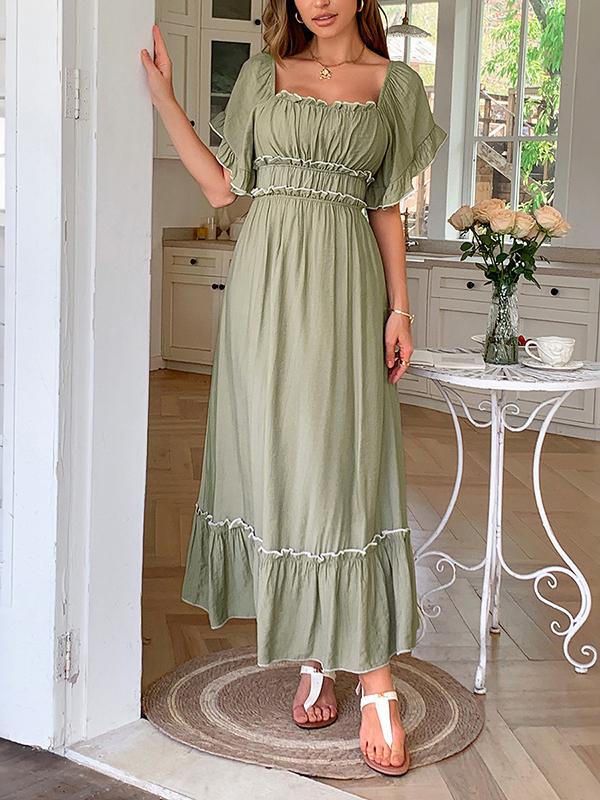 A-Line High Waisted Pleated Ruffle Trim Split-Joint Zipper Square-Neck Midi Dresses Product Image