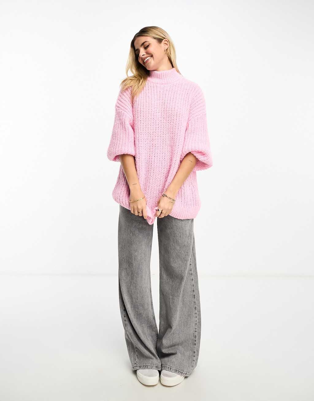 Monki high neck chunky rib knit sweater with volume sleeve Product Image
