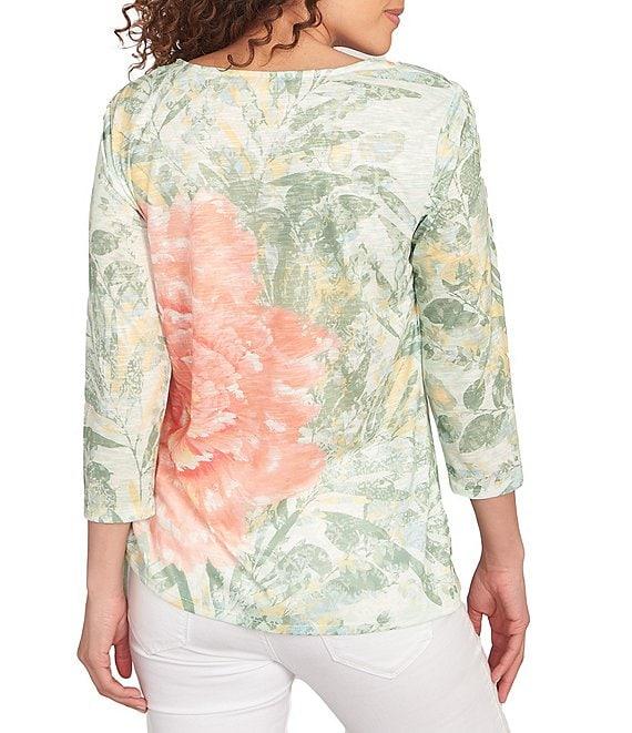 Ruby Rd. Knit Jersey Floral Beaded Embellished Crew Neck 3/4 Sleeve Ruched Side Detail Top Product Image