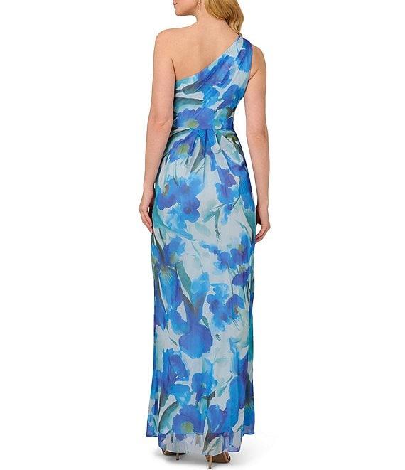 Adrianna Papell One Shoulder Sleeveless Floral Chiffon Drape Waist Sheath Gown Product Image