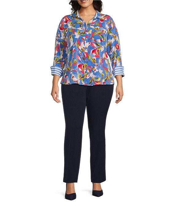 Investments Plus Size Woven Whimsy Floral Stripe 3/4 Sleeve Point Collar Button Front Split Cuff Top Product Image