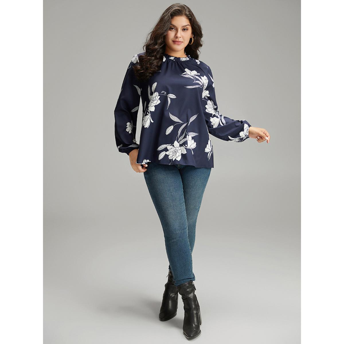Plus Size Indigo Silhouette Floral Print Frill Trim Pleated Blouse Women Elegant Long Sleeve Round Neck Dailywear Blouses BloomChic 10/M Product Image