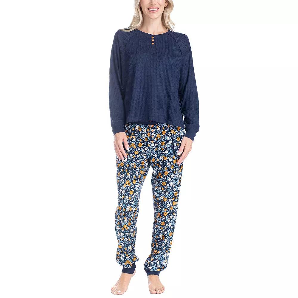 Women's Ocean Pacific® Waffle Knit Pajama Top & Pajama Bottoms Set, Size: Medium, Blue Floral Product Image