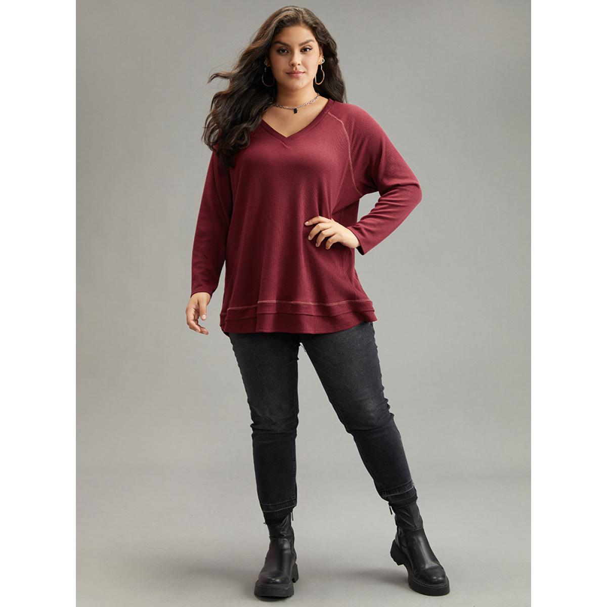 Plus Size Plain Textured Stitch Raglan Sleeve Sweatshirt Women Burgundy Casual Plain V-neck Everyday Sweatshirts BloomChic 12/L Product Image