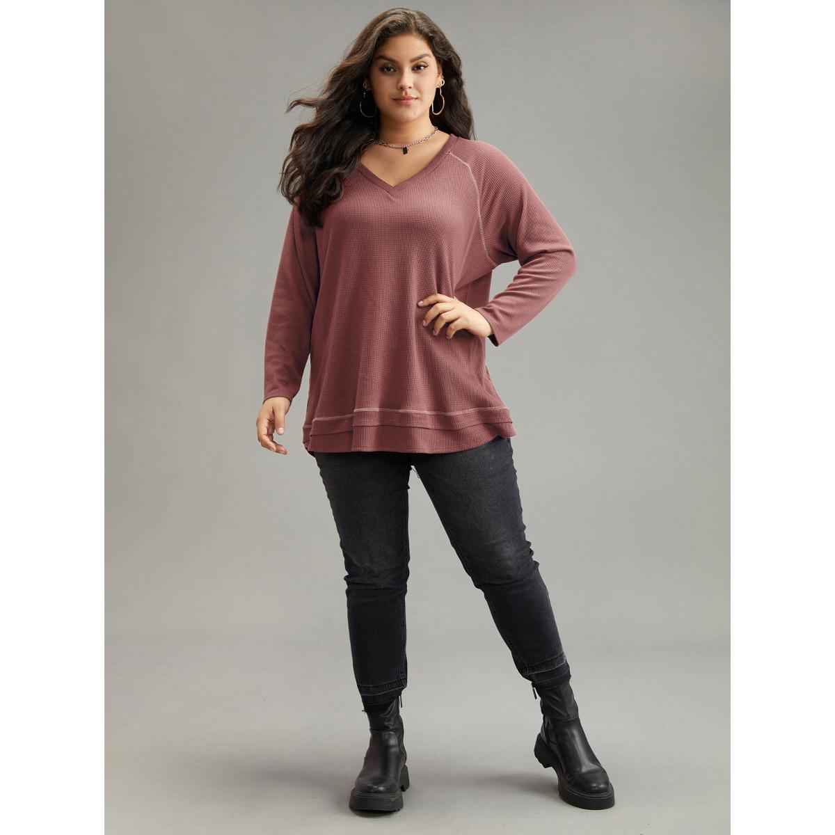 Plus Size Plain Textured Stitch Raglan Sleeve Sweatshirt Women DustyPink Casual Plain V-neck Everyday Sweatshirts BloomChic 14-16/1X Product Image