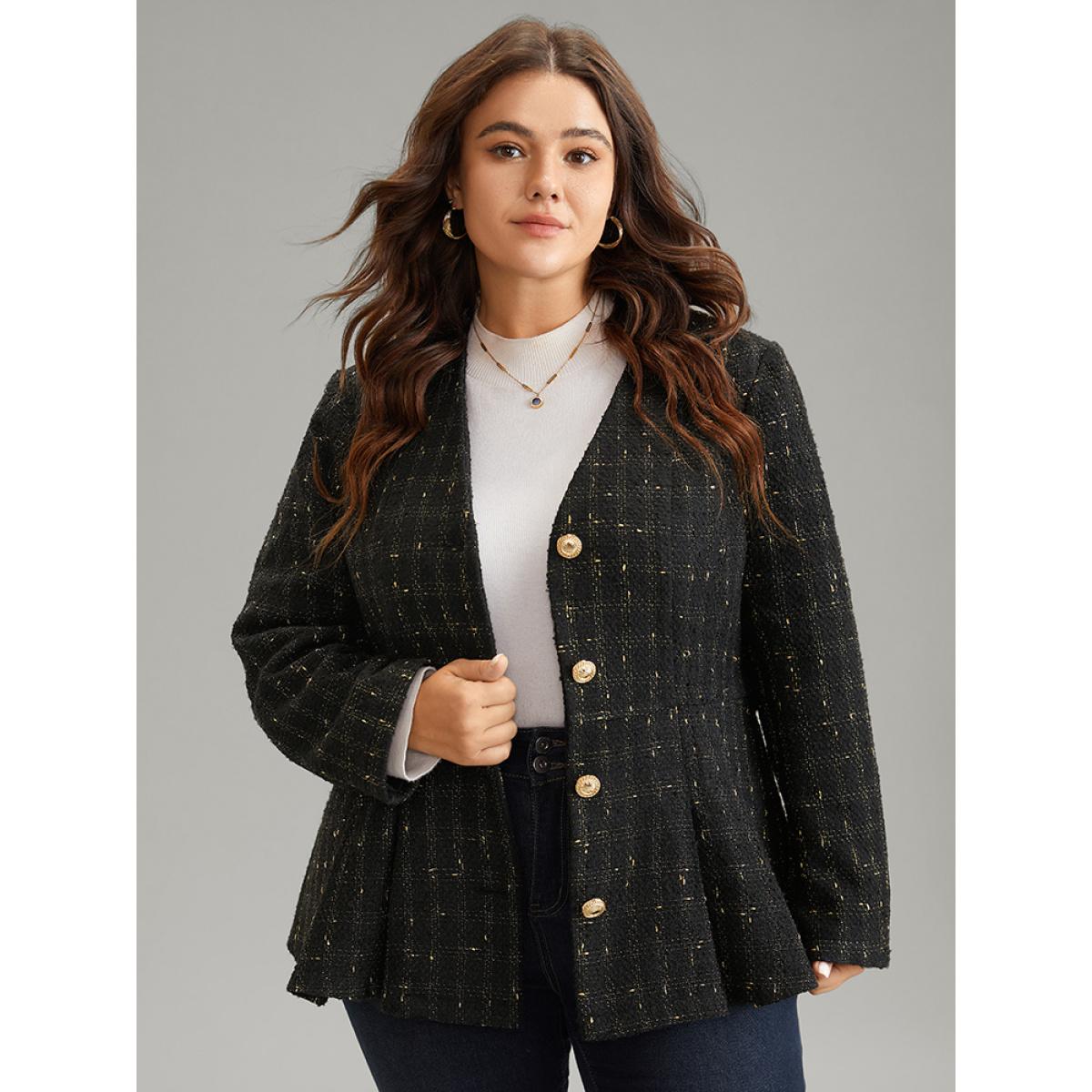 Plus Size Tweed Metal Detail Belted V Neck Blazer Black Women Dailywear Plain Sleeve Long Sleeve V-neck 28/5X Pocket Belt Elegant Blazers BloomChic Product Image