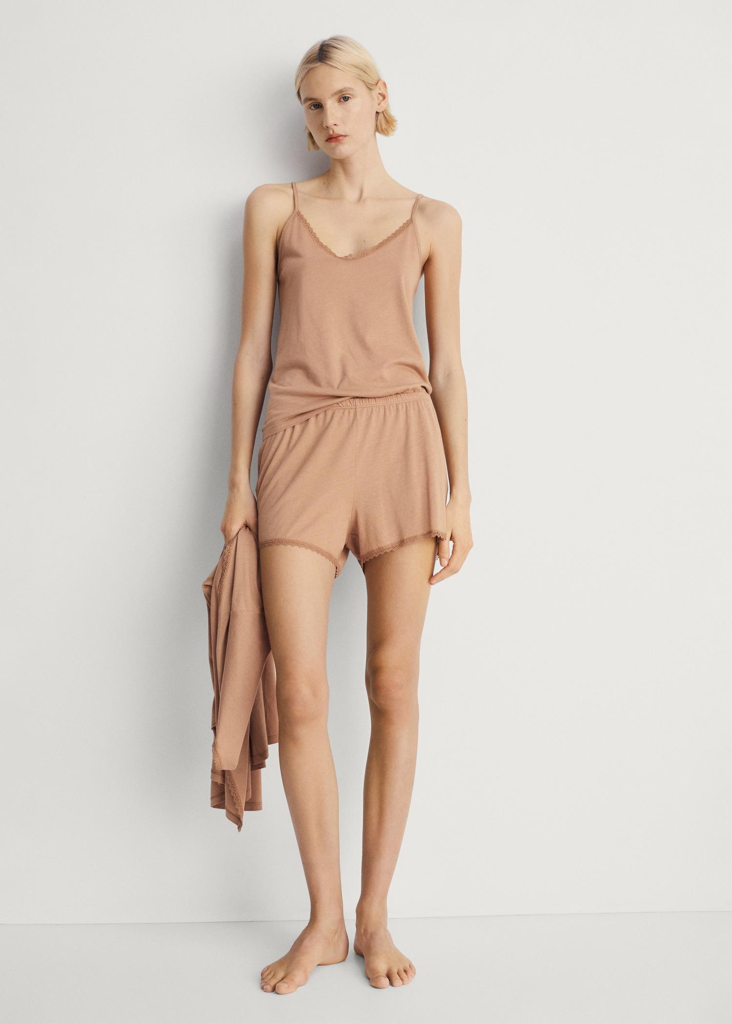 Cotton pajama shorts with lace contrast - Women | MANGO USA Product Image