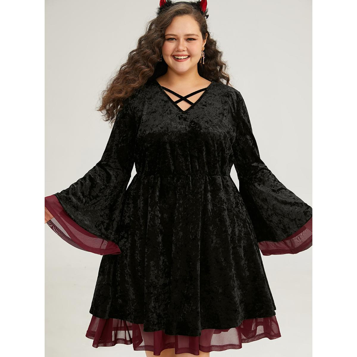 Plus Size Halloween Velvet Contrast Layered Crisscross Neck Dress Black Women Elegant Plain V-neck Long Sleeve Curvy Knee Dress BloomChic 14-16/1X Product Image