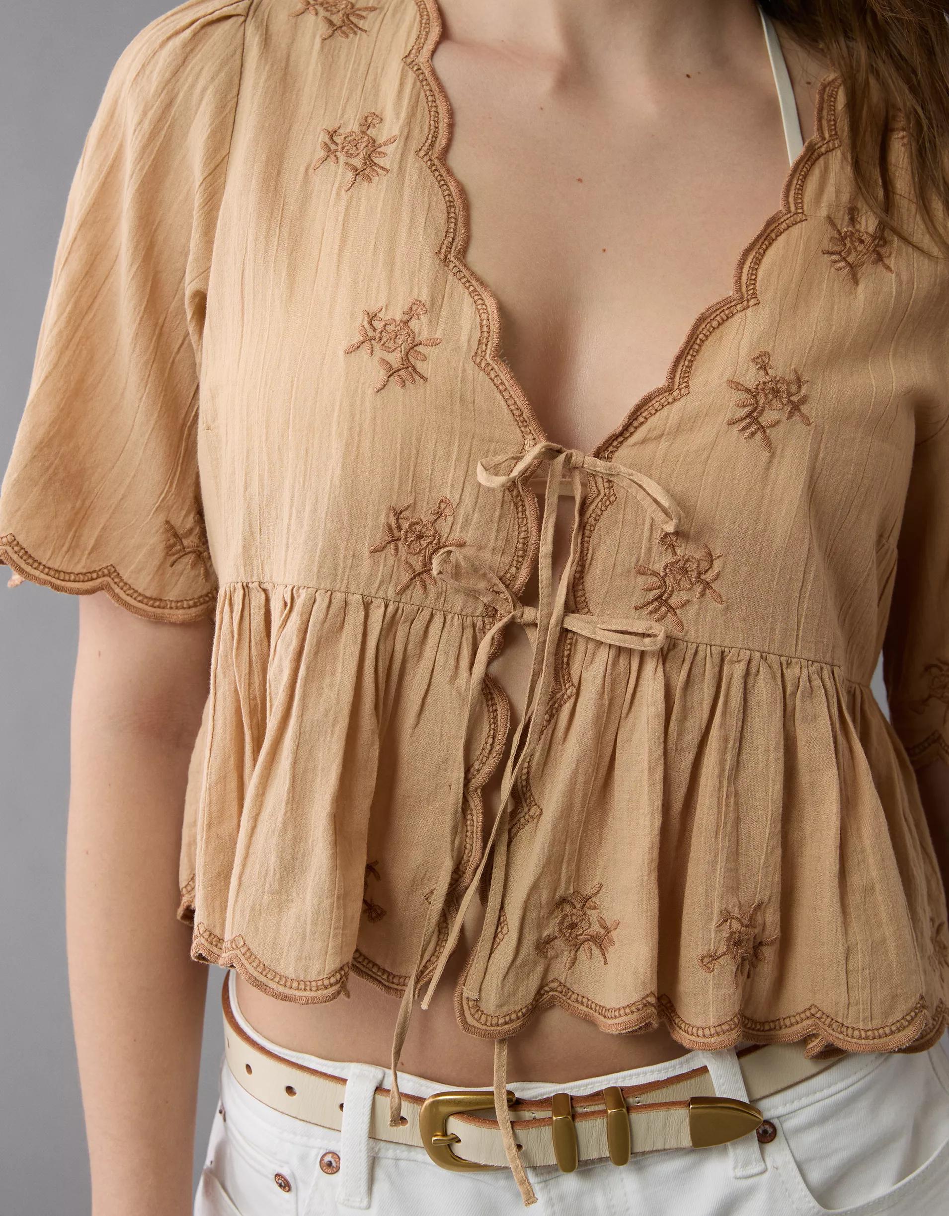 AE Embroidered Tie Front V-Neck Blouse Product Image