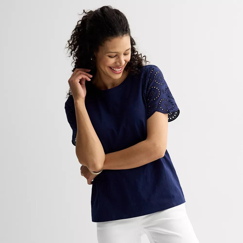 Women's Croft & Barrow® Eyelet Sleeve Tee, Size: Large, Seattle Blue Product Image