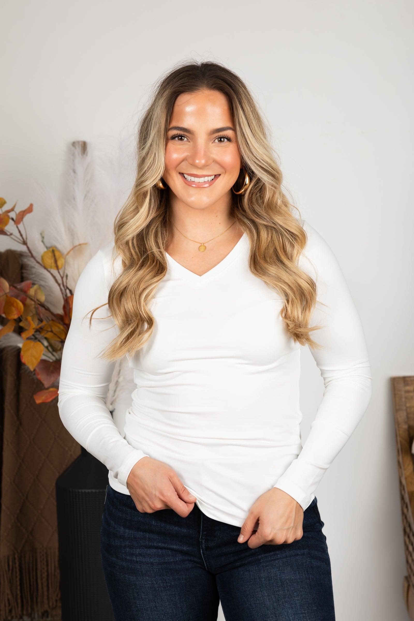 Brushed Microfiber Long Sleeve V-Neck Knit Top Product Image