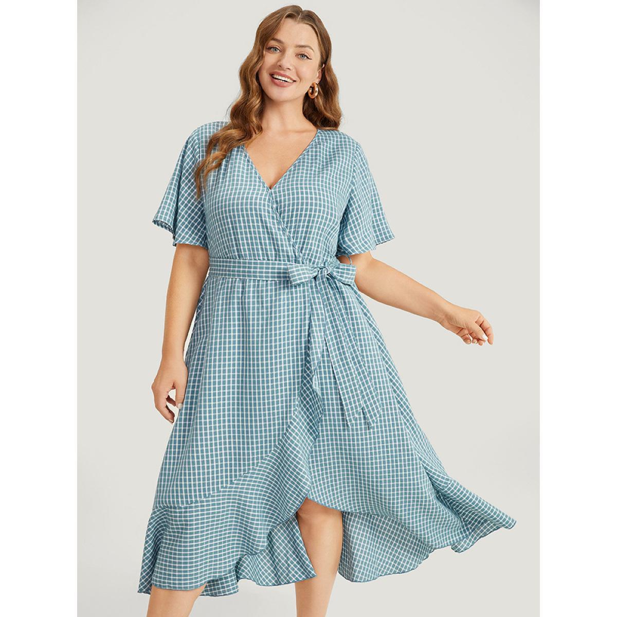 Plus Size Gingham Pocket Belted Ruffle Trim Surplice Neck Dress Cerulean Women Office Wrap V-neck Short sleeve Curvy Midi Dress BloomChic 30/6X Product Image