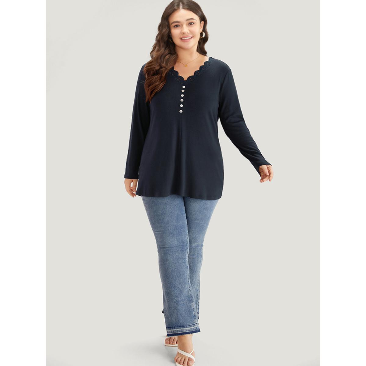 Plus Size Guipure Lace Patchwork V Neck Button Detail T-shirt Indigo Women Elegant Printed Plain V-neck Dailywear T-shirts BloomChic 18-20/2X Product Image