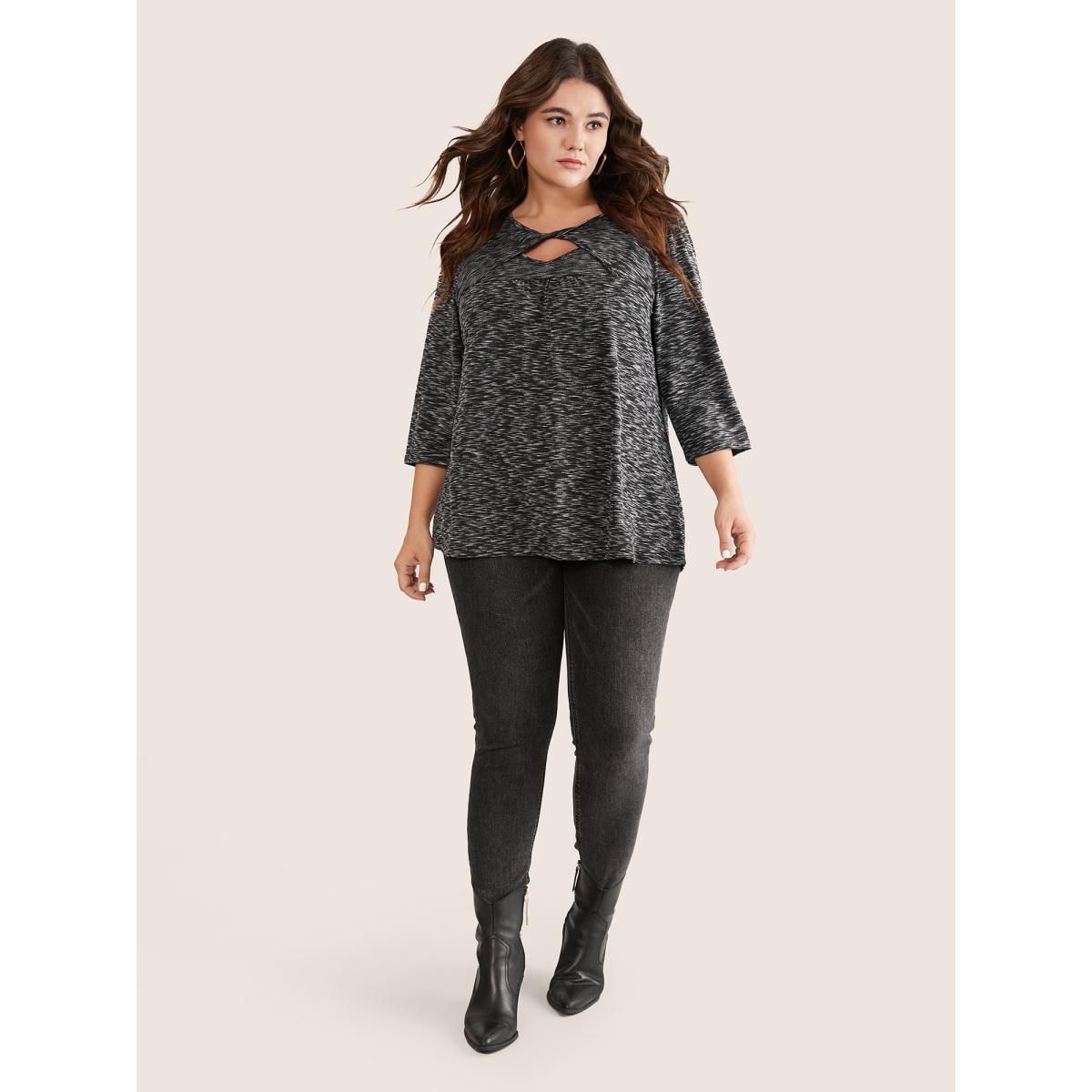 Plus Size Heather Keyhole Twist Front T-shirt Black Women Casual Heather Plain Keyhole Cut-Out Dailywear T-shirts BloomChic 12/L Product Image
