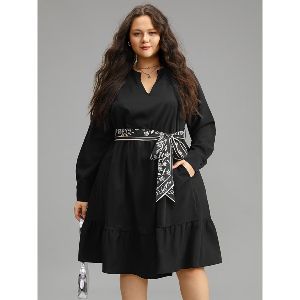 Plus Size Anti-Wrinkle Floral Print Belted Notched Dress Black Women At the Office Plain Notched collar Long Sleeve Curvy Knee Dress BloomChic 18-20/2X Product Image