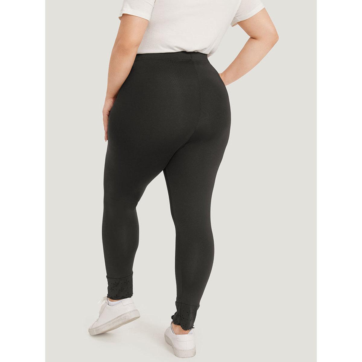 Plus Size Plain Distressed Roll Hem Skinny Leggings Women Black Casual High stretch Skinny High Rise Dailywear Leggings BloomChic 12/L Product Image