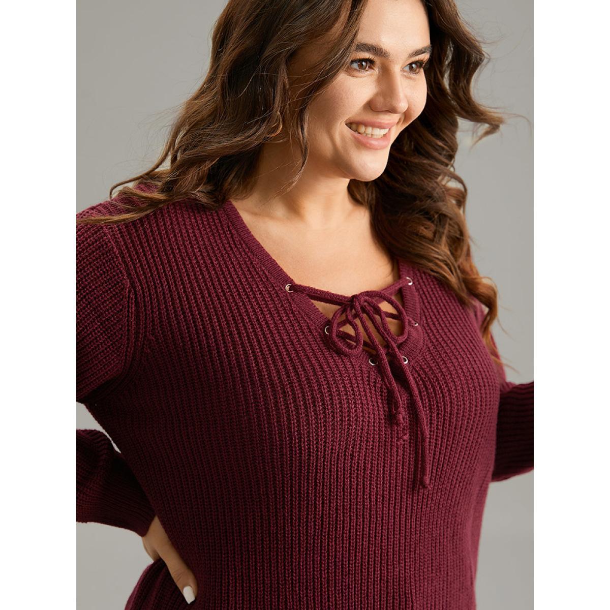 Plus Size High Low Hem Lace Up Split Side Pullover Scarlet Women Casual Loose Long Sleeve V-neck Dailywear Pullovers BloomChic 22-24/3X Product Image