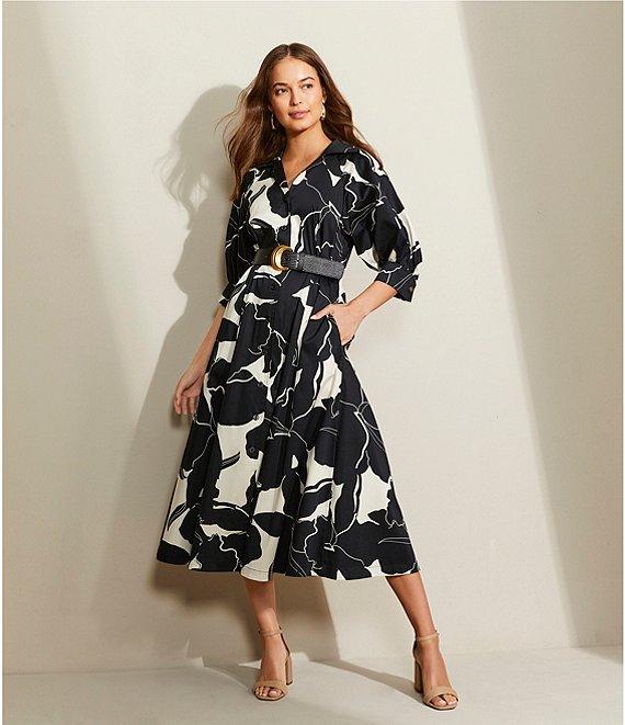 Donna Karan Printed 3/4 Sleeve Notch Collar Belted Side Pocket A-Line Midi Dress Product Image