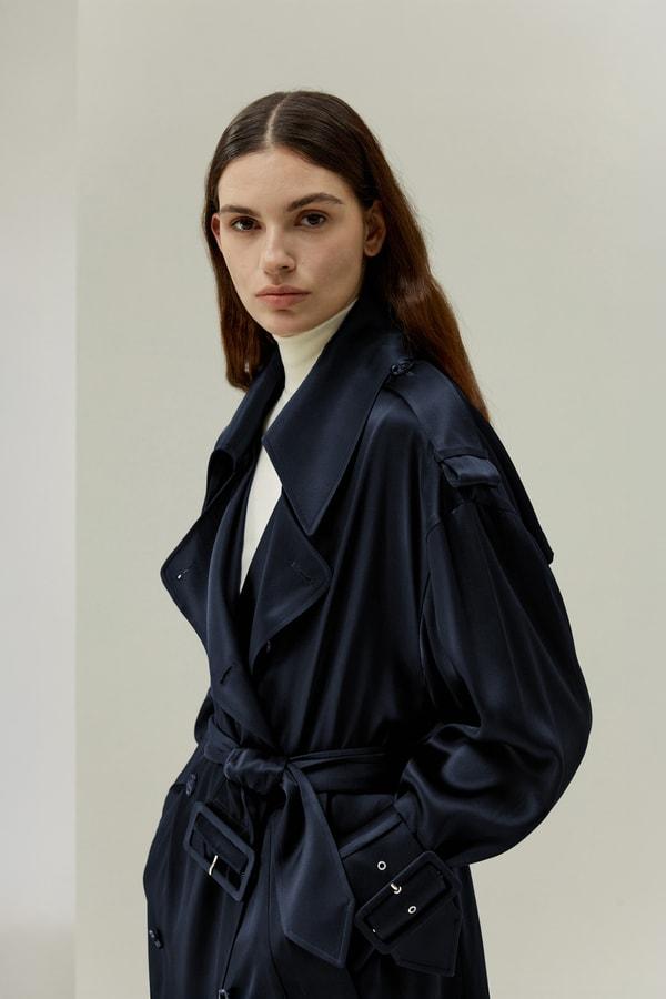 LILYSILK Womens Silk Trench - Midnight Blue 100% Silk - Comfort Relaxed Drop-Shoulder Outerwear M Product Image