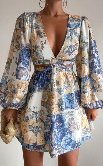 Emily Mini Dress - V Neck Long Sleeve Cut Out Dress in Patchwork Floral Product Image