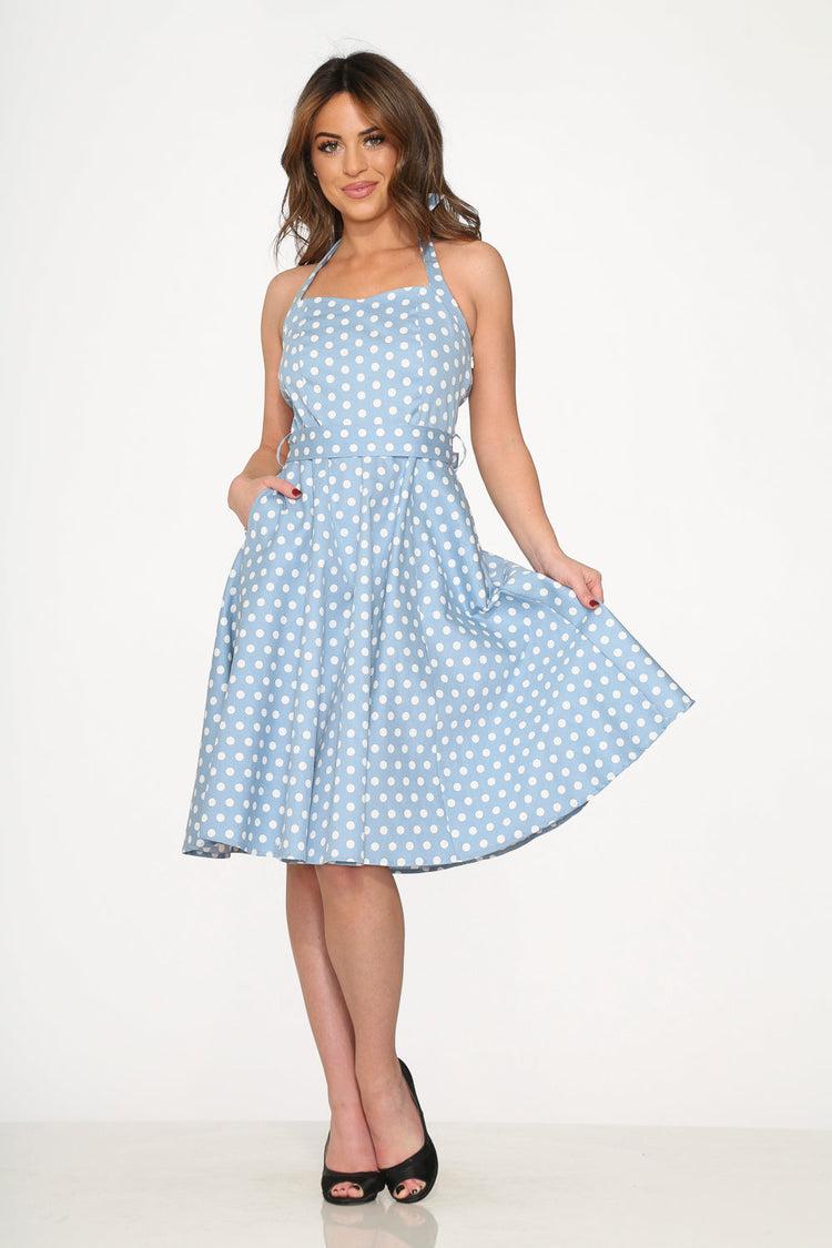 Light Blue & White Polka Dot Swing Dress Product Image