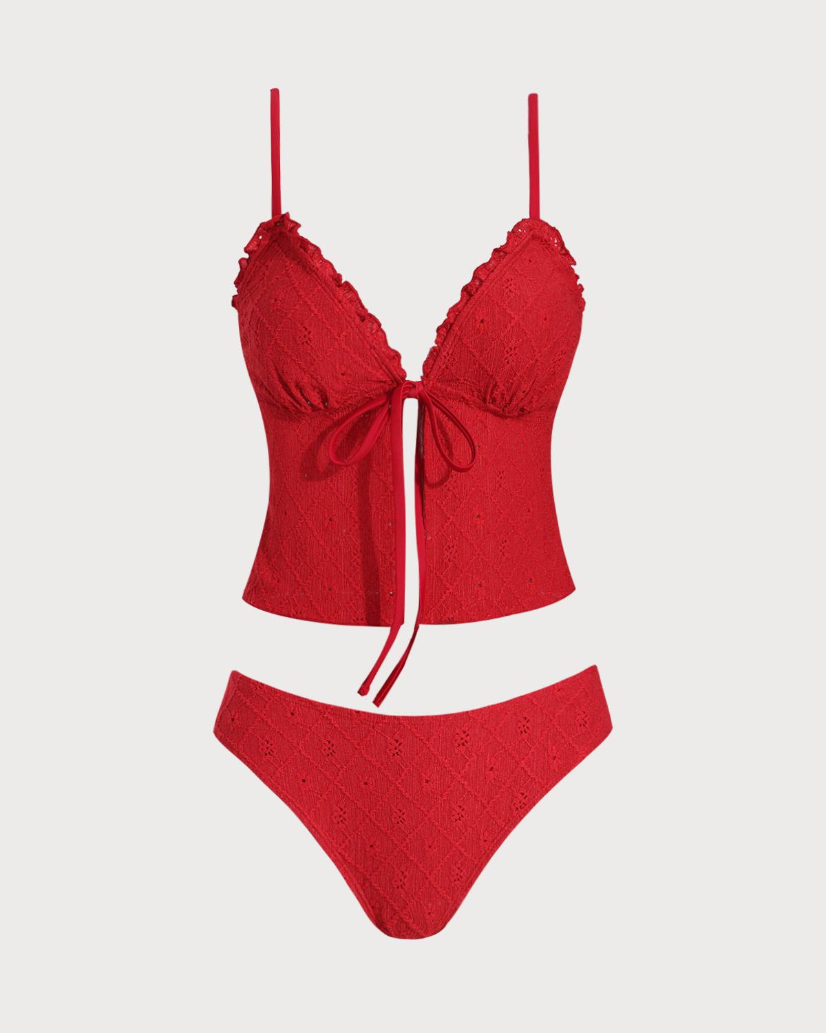 Red Front Tie Tankini Three-Piece Tankini Set Product Image