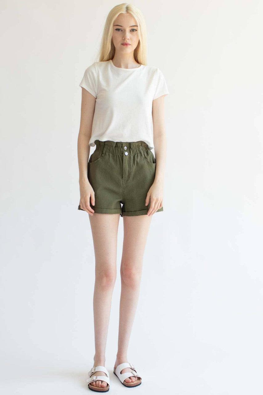 Olive Cuffed Paper Bag Waist Denim Shorts Product Image