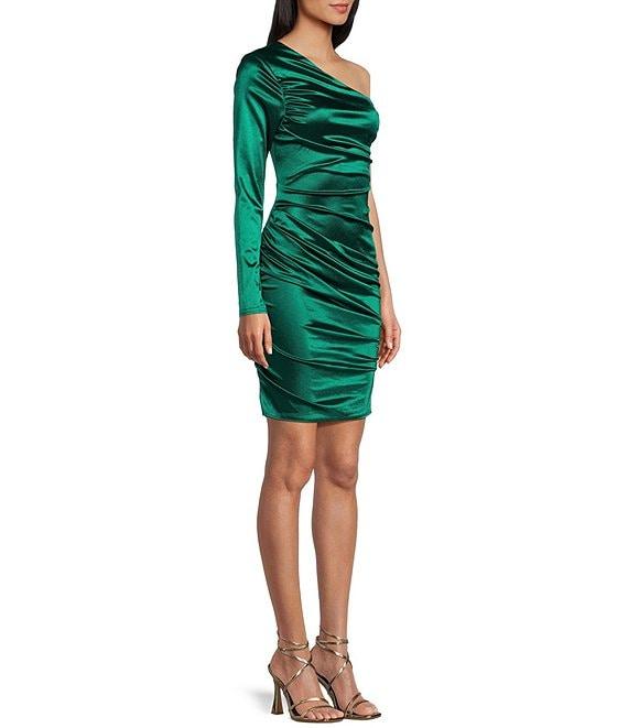 GB One-Shoulder Asymmetrical Neckline Satin Dress Product Image
