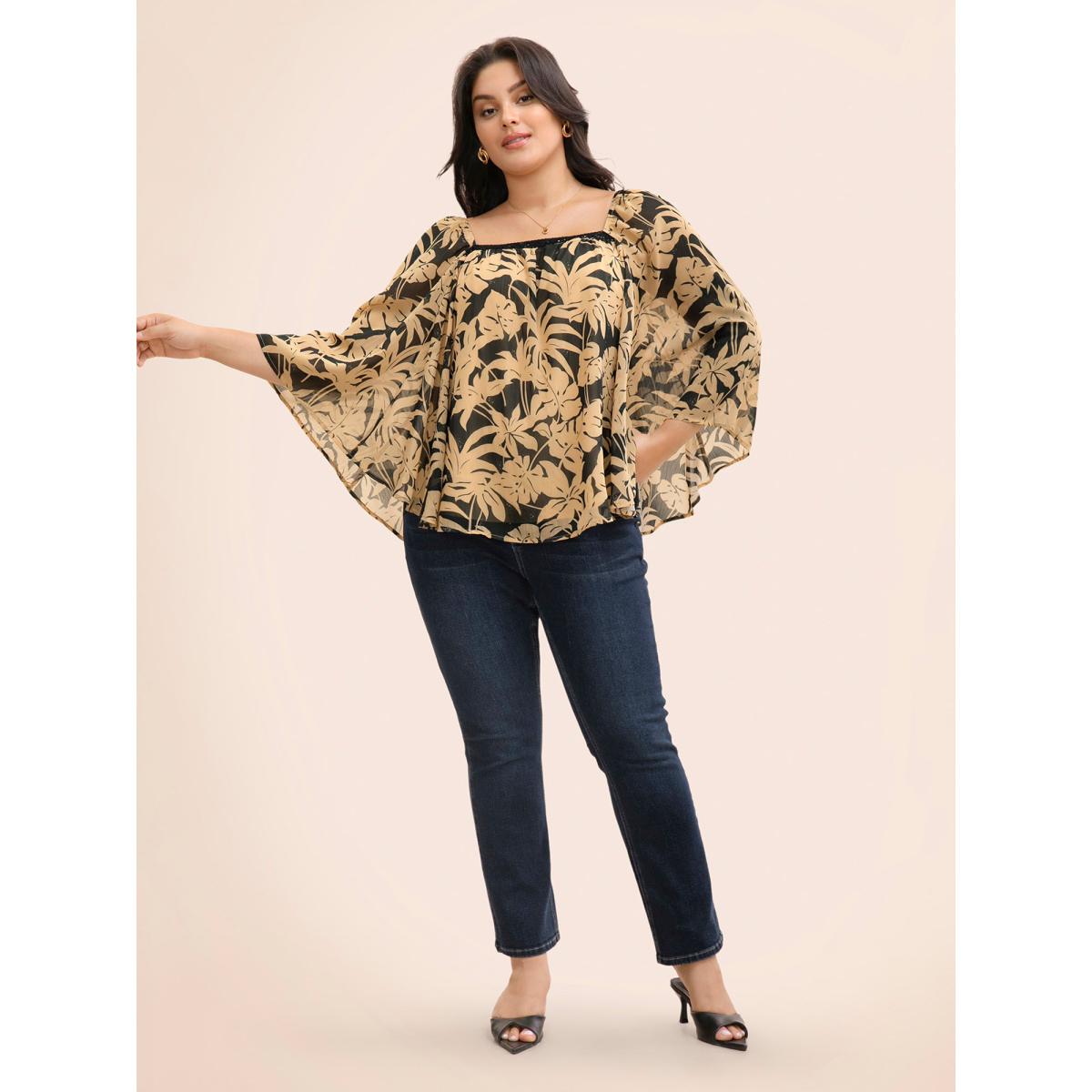 Plus Size Black Silhouette Floral Print Batwing Sleeve Contrast Webbing Blouse Women Elegant Elbow-length sleeve Square Neck Everyday Blouses BloomChic 14-16/1X Product Image