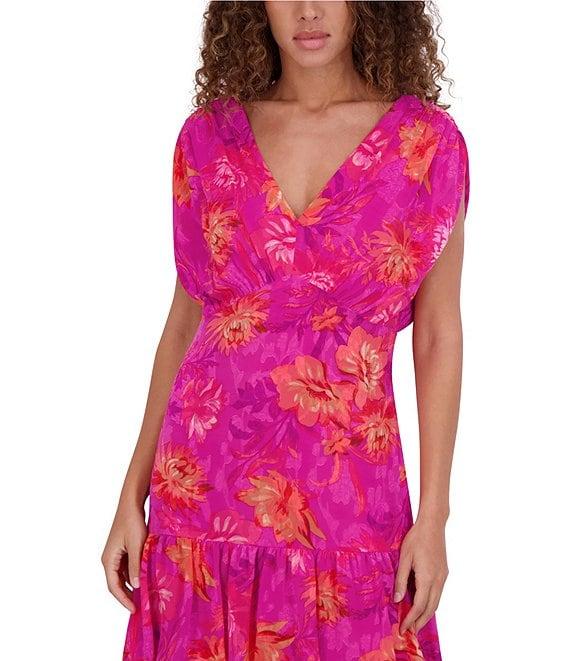 Kensie Ruffle Floral Print Burnout Chiffon V-Neck Short Sleeves Dropped Shoulder A-Line Dress Product Image
