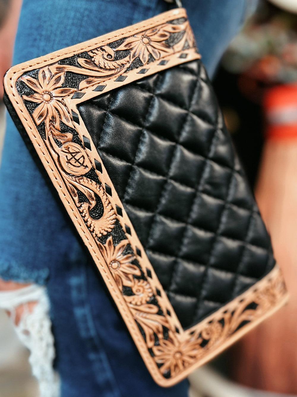 Darling Quilted Black Leather Crossbody Bag With Tooled Leather Border Product Image