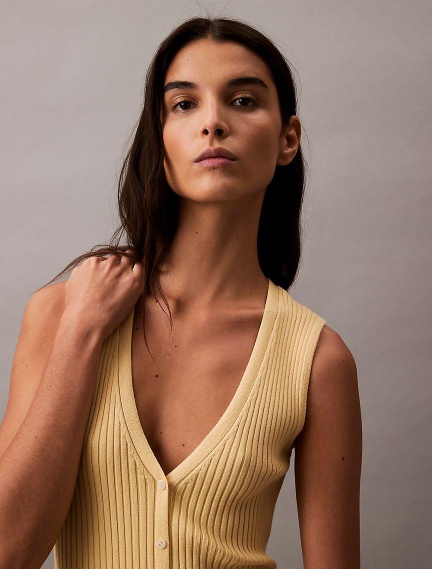 Smooth Cotton Rib Sweater Midi V-Neck Dress Product Image