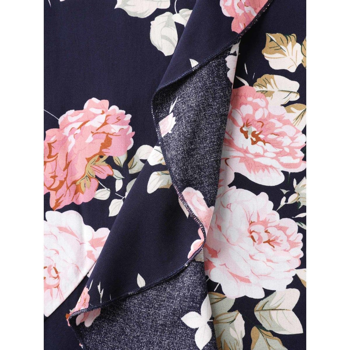 Plus Size Ruffled Neck Off-Shoulder Floral Midi Dress Navy Women Romantic Ruffles V-neck Short sleeve Curvy BloomChic 12/L Product Image