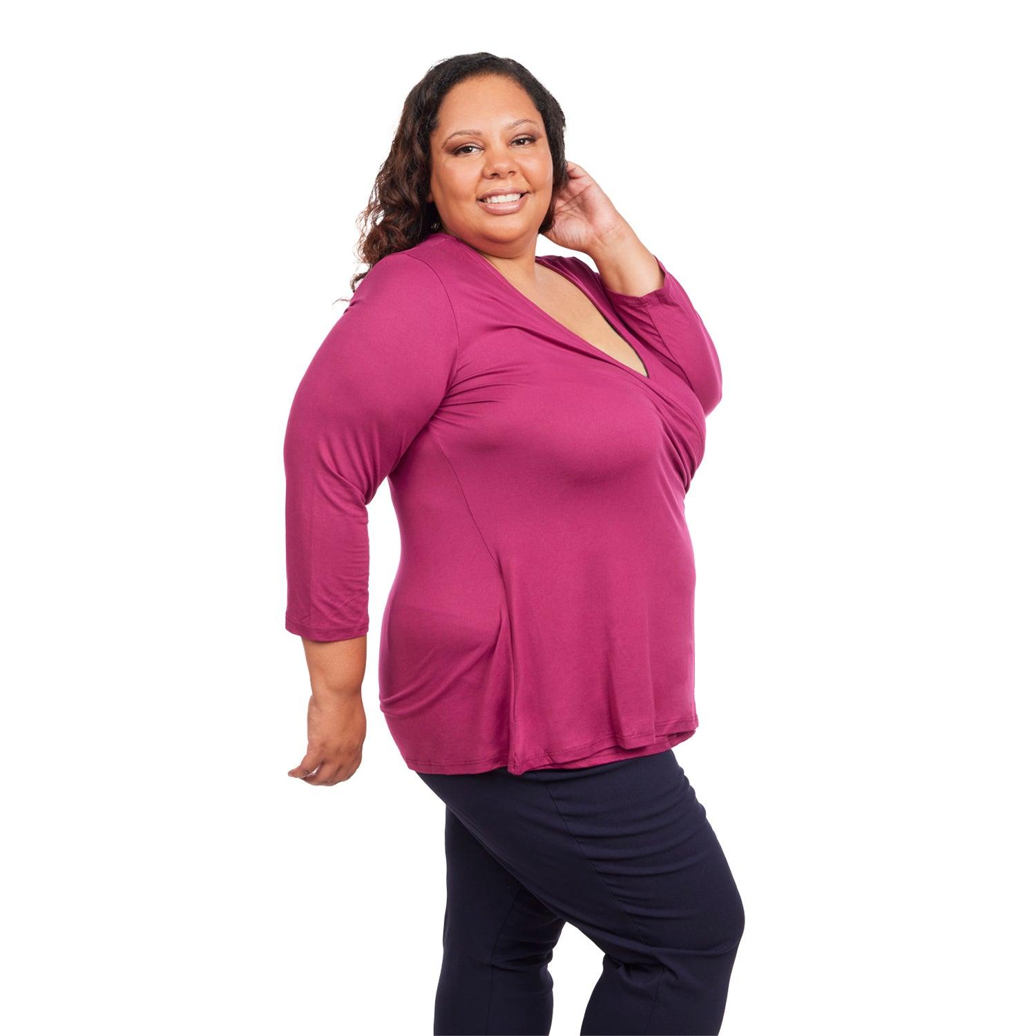 Inner Beauty Plus Solid 3/4 Sleeve Surplice Front V-Neck Top Product Image