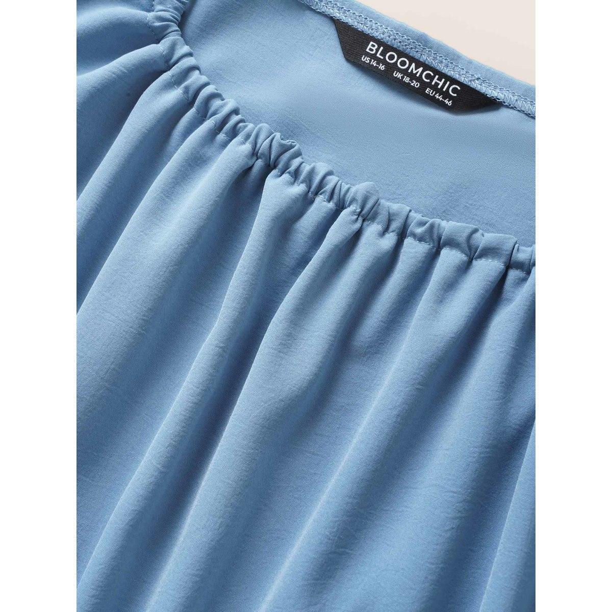 Plus Size LightBlue Plain Halter Neck Shirred Tie Knot Blouse Women Elegant Short sleeve Halter neck Everyday Blouses BloomChic 10/M Product Image