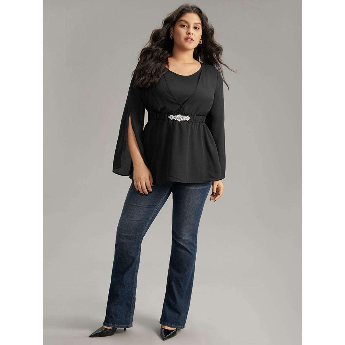 Plus Size Black Solid Chiffon Rhinestone Bell Sleeve Blouse Women Glamour Elbow-length sleeve V-neck Festival-Halloween Blouses BloomChic 18-20/2X Product Image