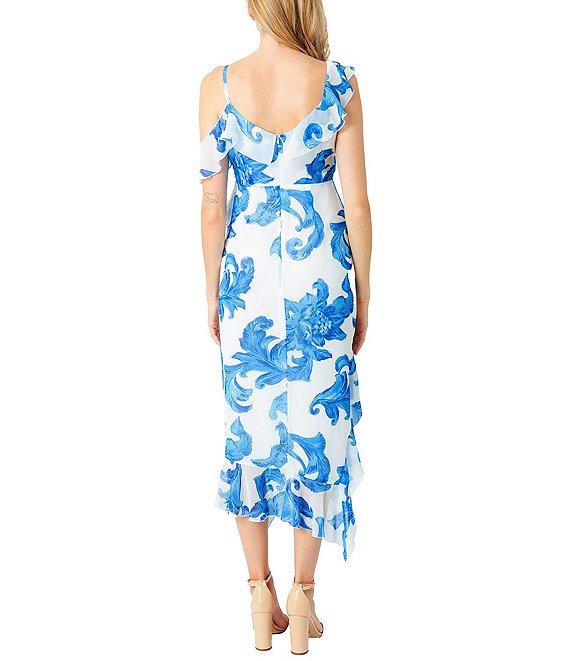 Sam Edelman Swirl Print V Neck Sleeveless Ruffle Asymmetrical Hem Slip Midi Dress Product Image